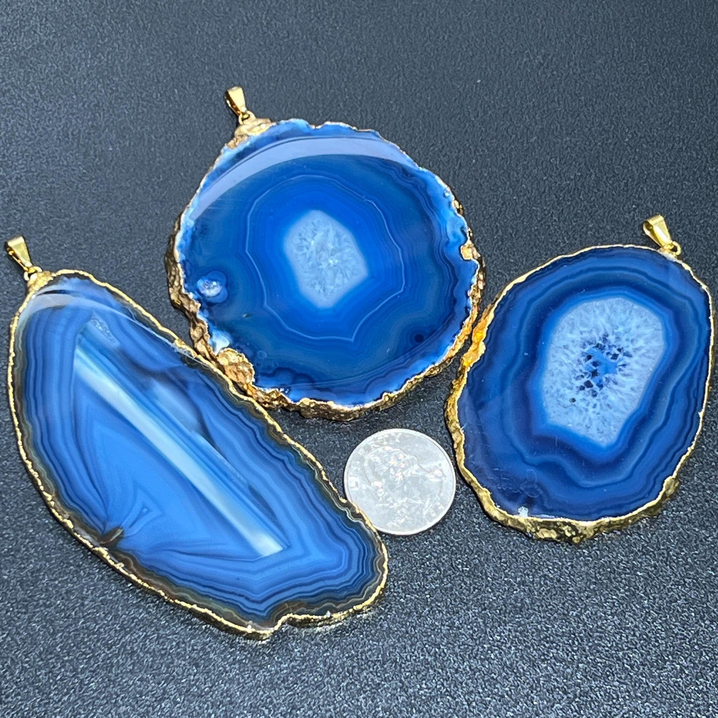 Large Blue Agate Slice Pendant (Gold Plated Edges)