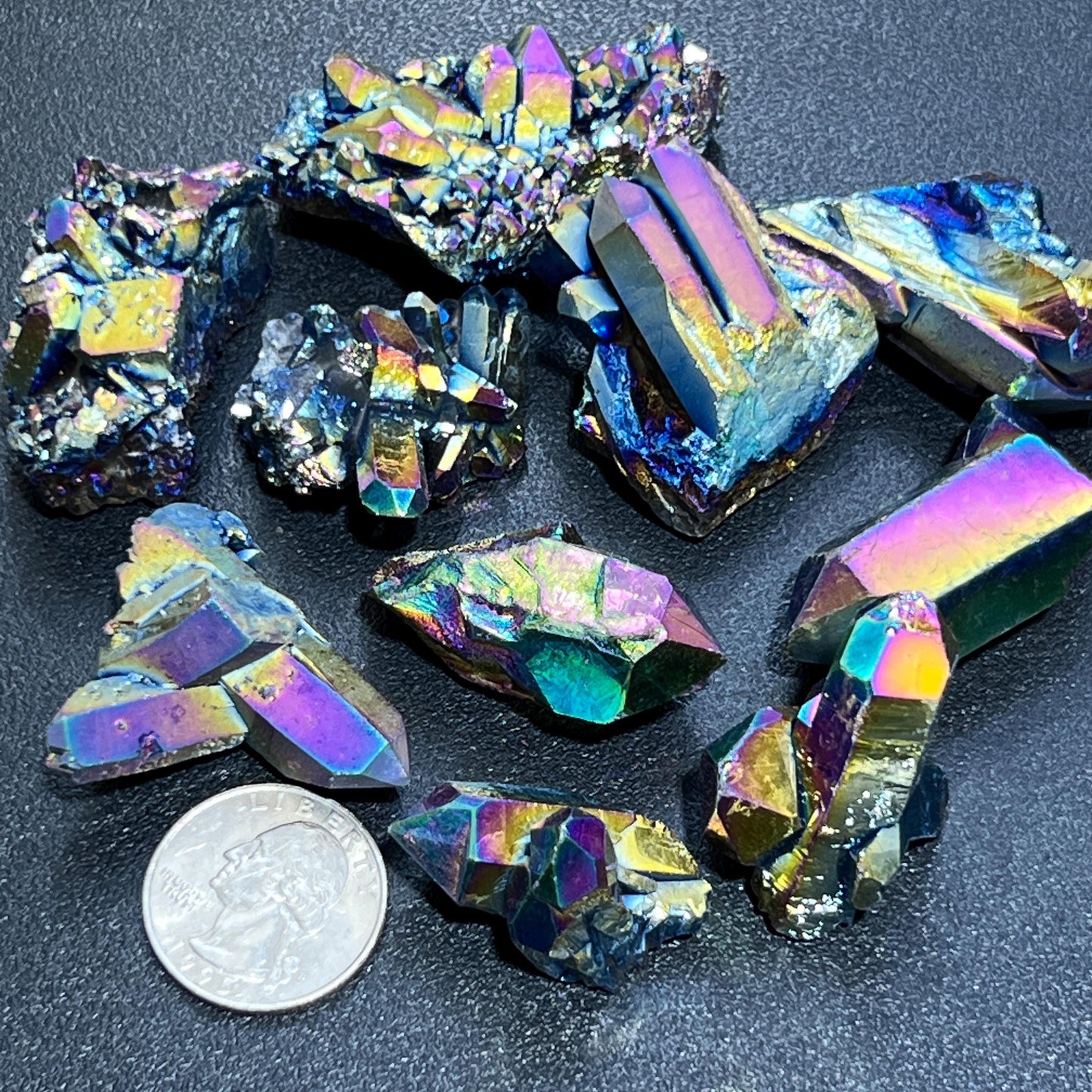 Titanium Aura Quartz Crystal Clusters And Rough Raw Points