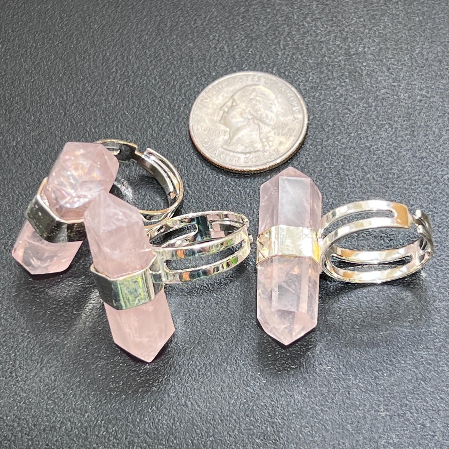 Pink Rose Quartz Crystal Point Adjustable Ring (Silver Plated)