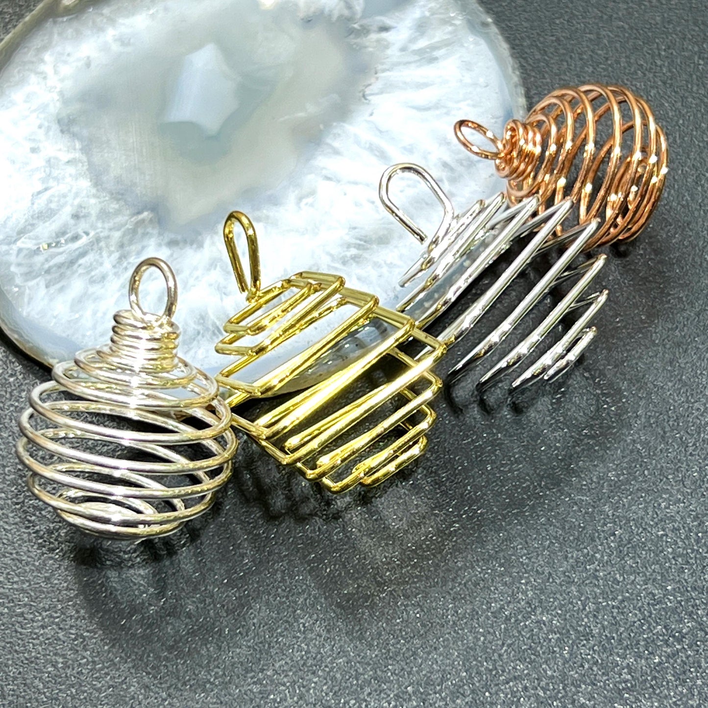 Crystal Gem Holder Spiral Cage Pendants (Silver, Gold, or Copper Plated) Circle Square