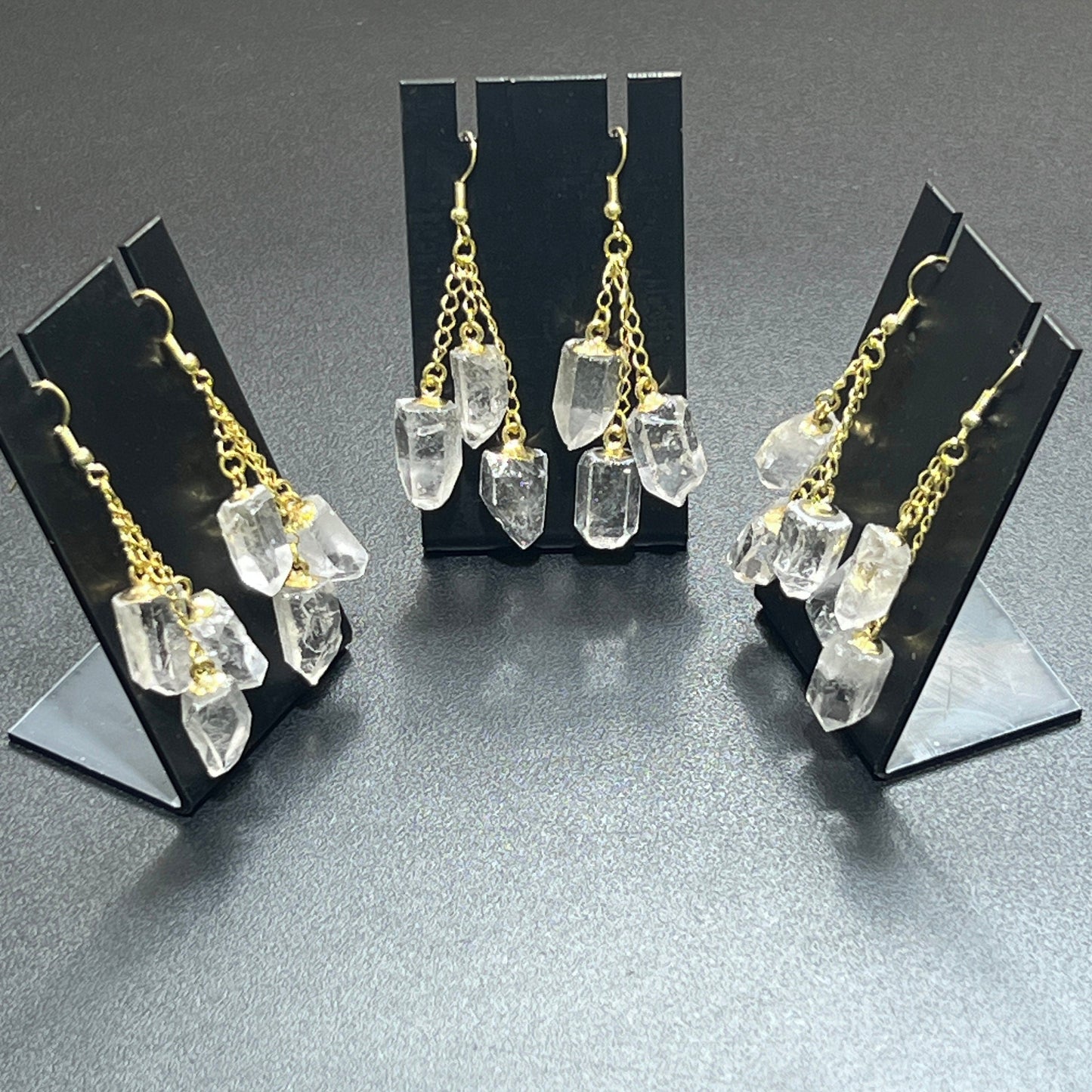Quartz Triple Crystal Long Earrings Pair (Gold Stainless Hooks)
