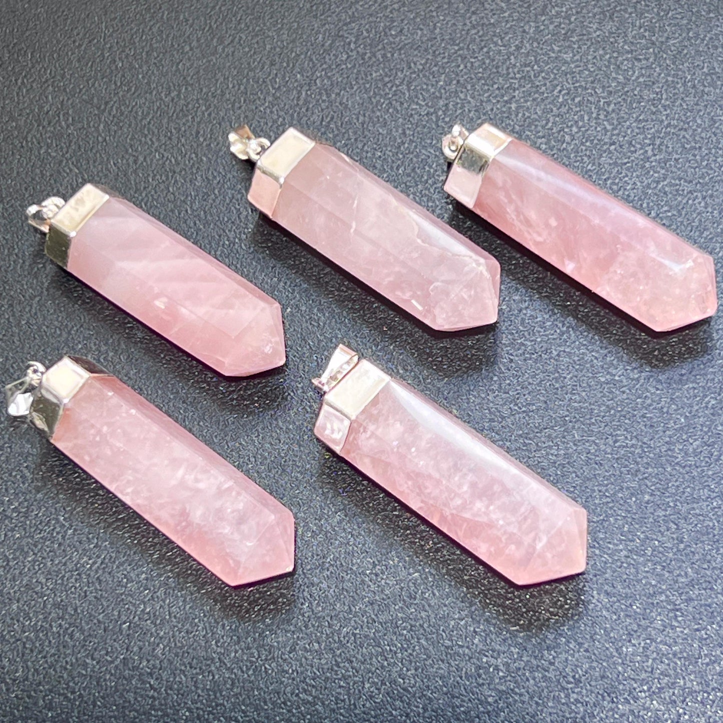 Pink Rose Quartz Crystal Point Faceted Pendant (Silver Plated)
