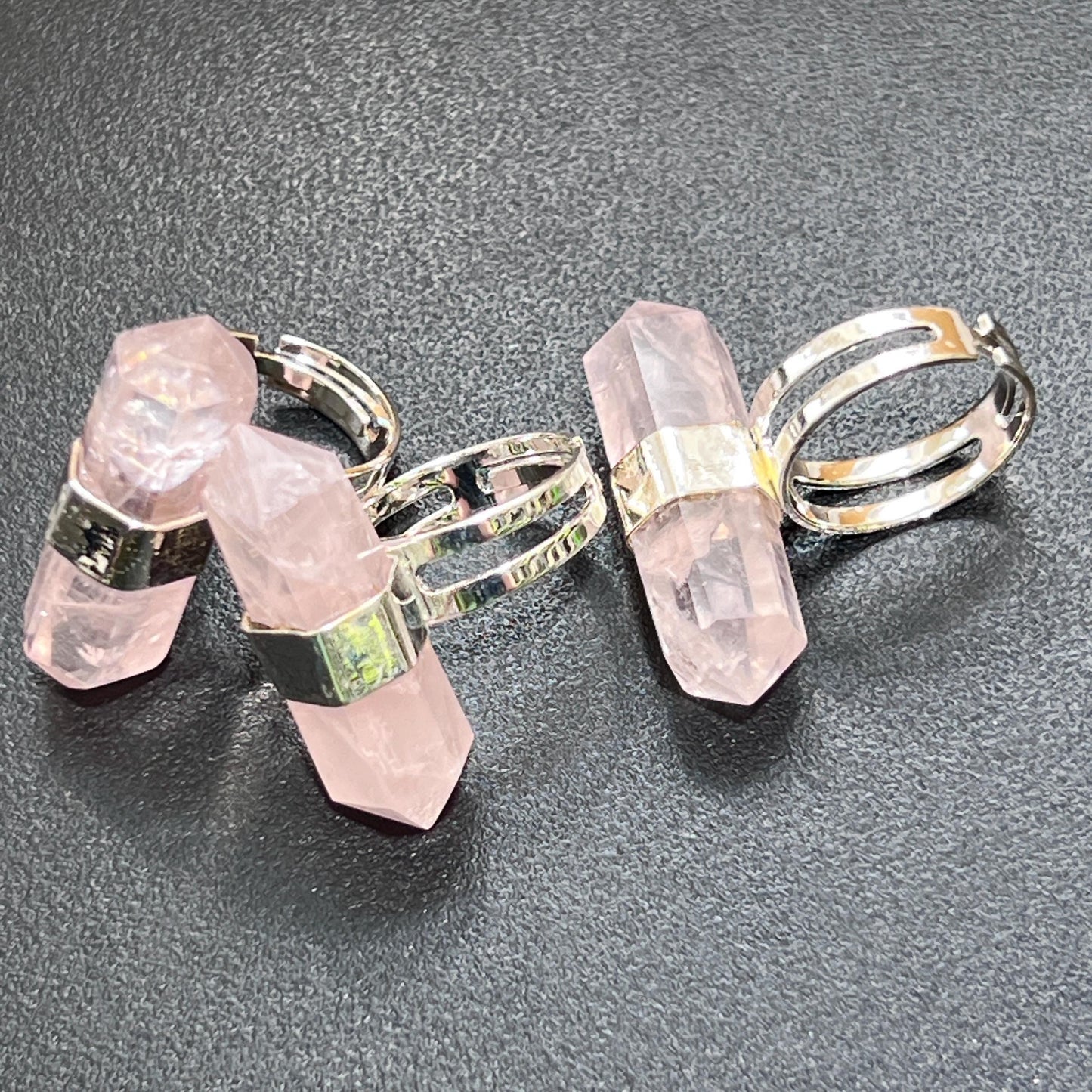 Pink Rose Quartz Crystal Point Adjustable Ring (Silver Plated)