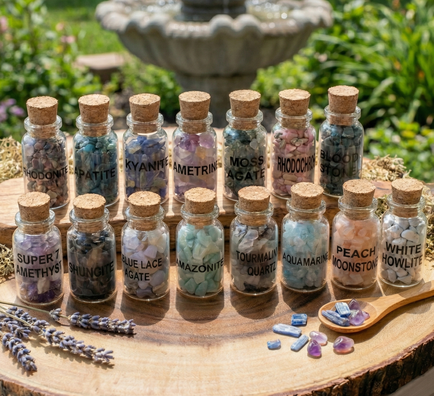 Gemstone Bottle Collection - 15-Piece Natural Rough Crystal Chips Gift Set Box Flat