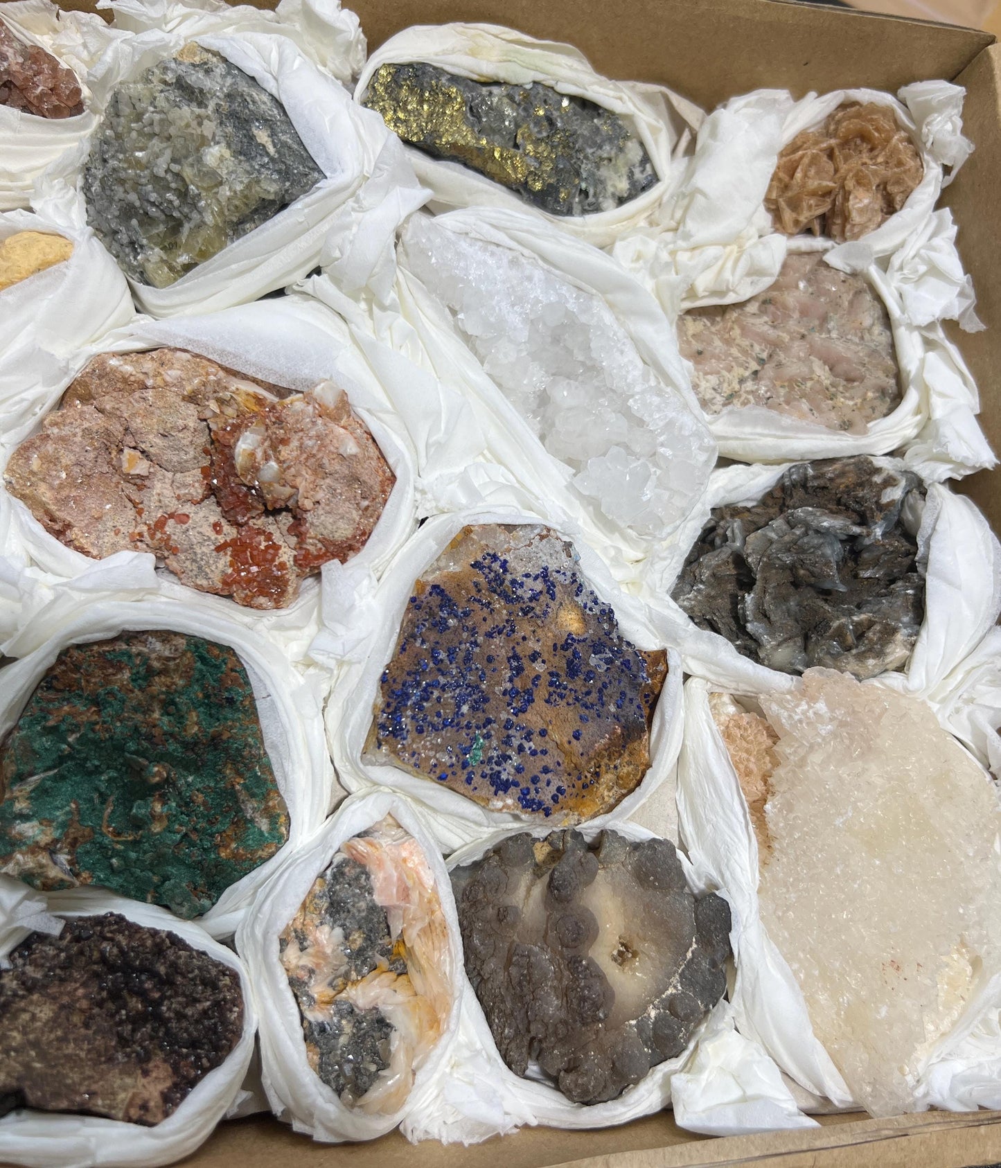 Morocco Mixed Minerals Crystal Druzy Collection Large Boxed Flat