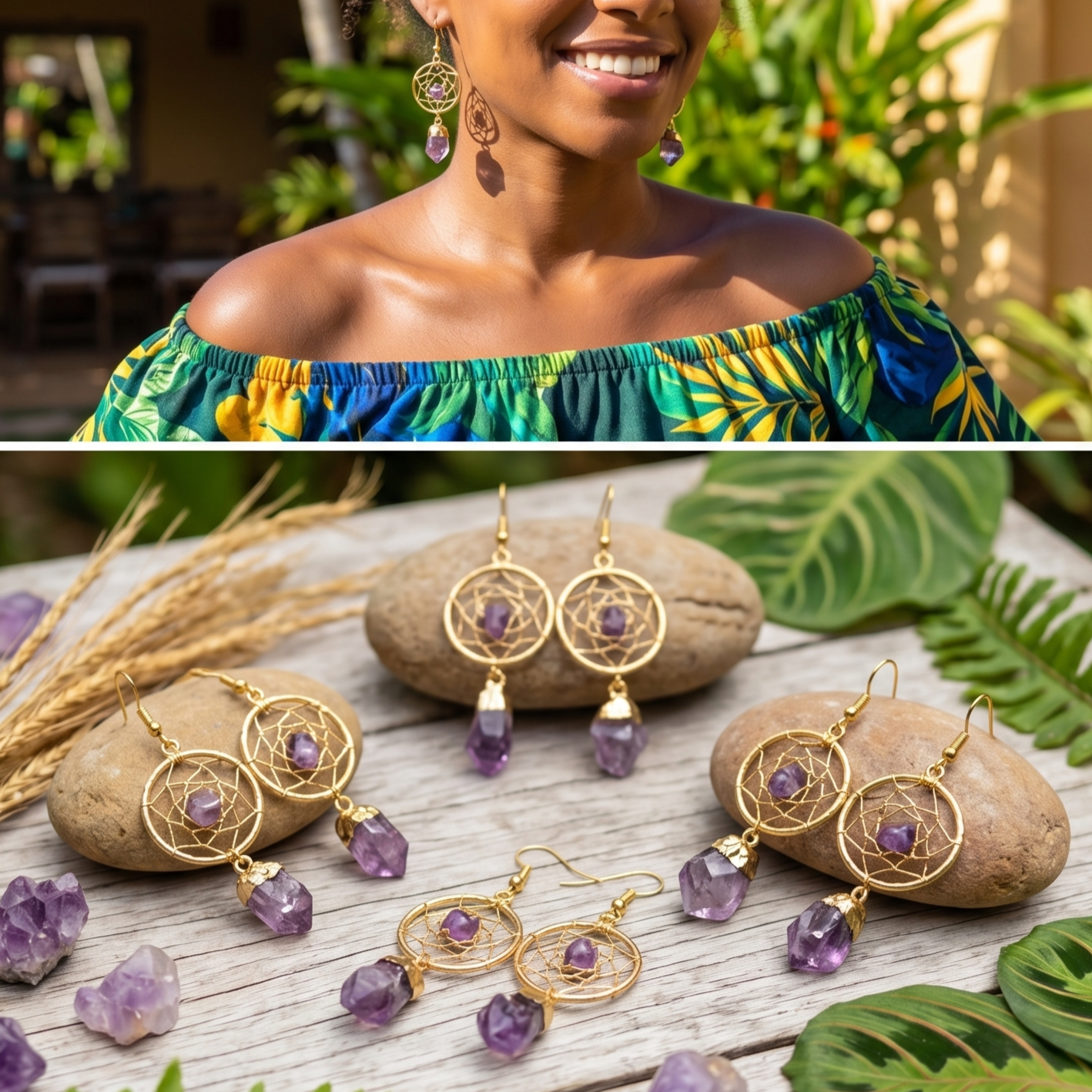 DreamCatcher Earrings Pair (Amethyst Crystal)(Gold Plated)(Stainless Steel Hooks)