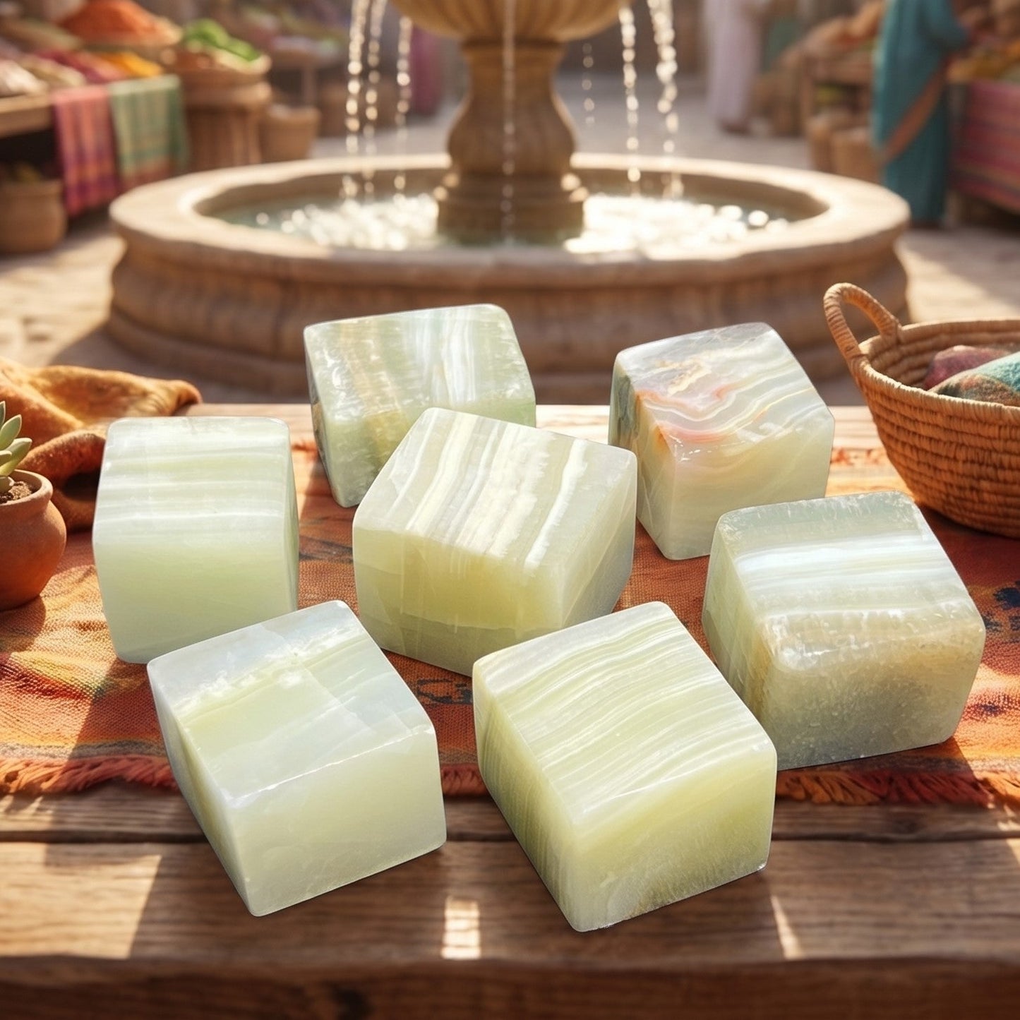 Green Banded Pistachio Calcite Crystal Cube Block Carving