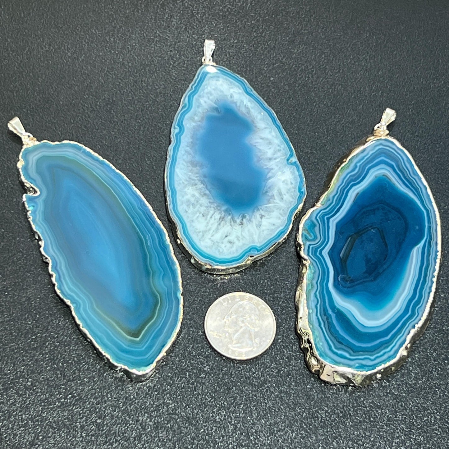 Large Teal Agate Slice Pendant (Silver Plated Edges)