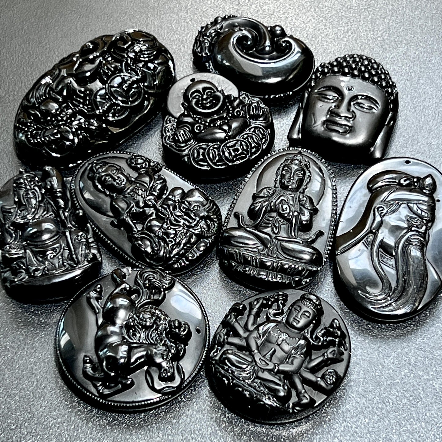 Mixed Large Black Obsidian Drilled Beads Medallion Wafer Carving