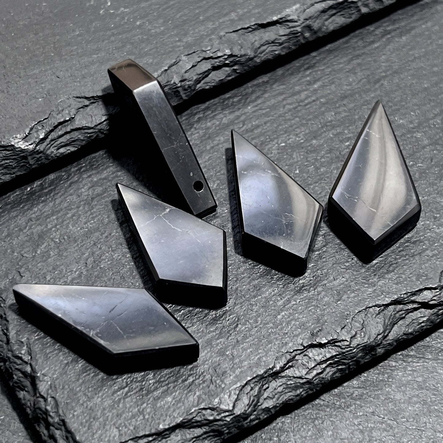 Black Shungite Diamond Crystal Point Drilled Hole Beads Pendant