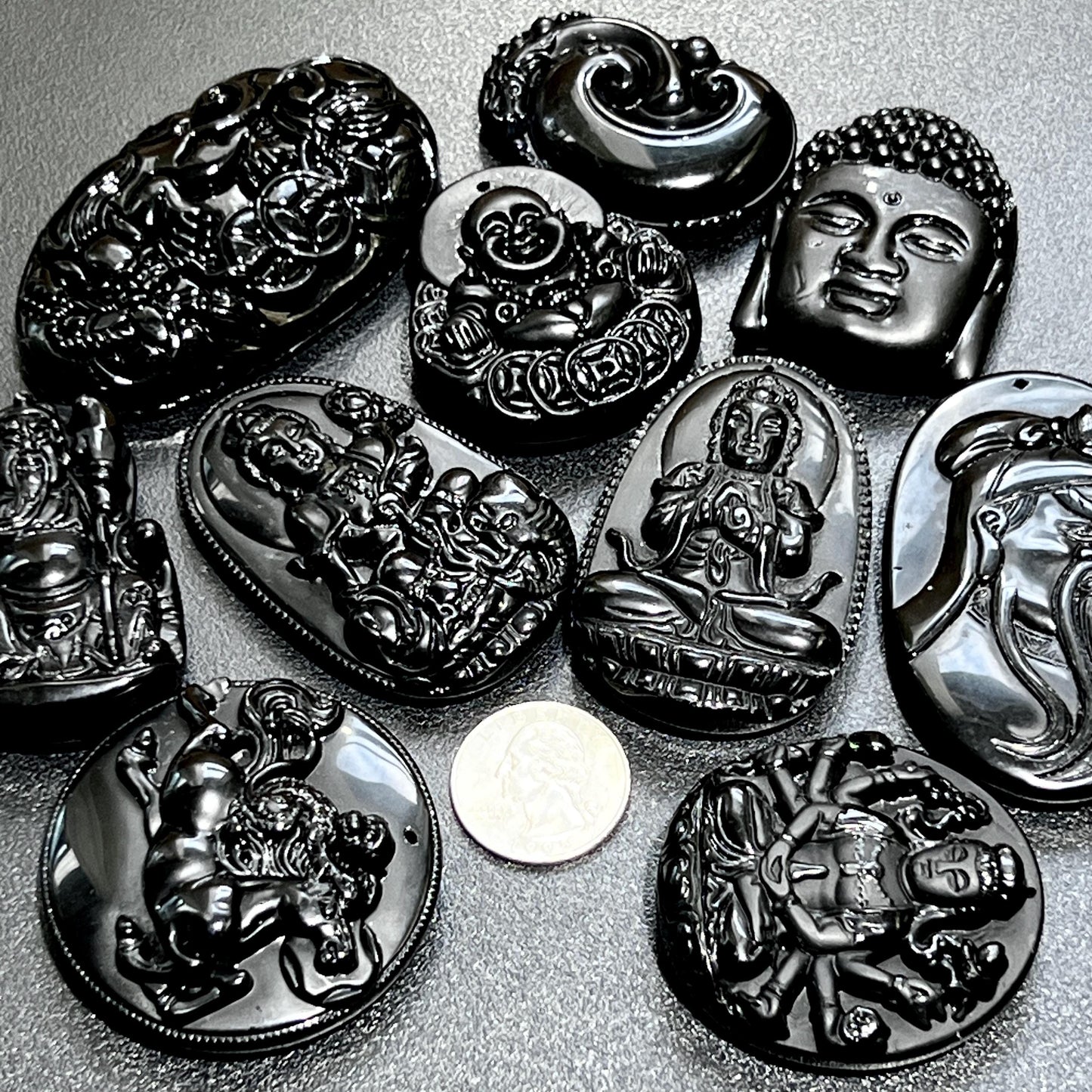 Mixed Large Black Obsidian Drilled Beads Medallion Wafer Carving