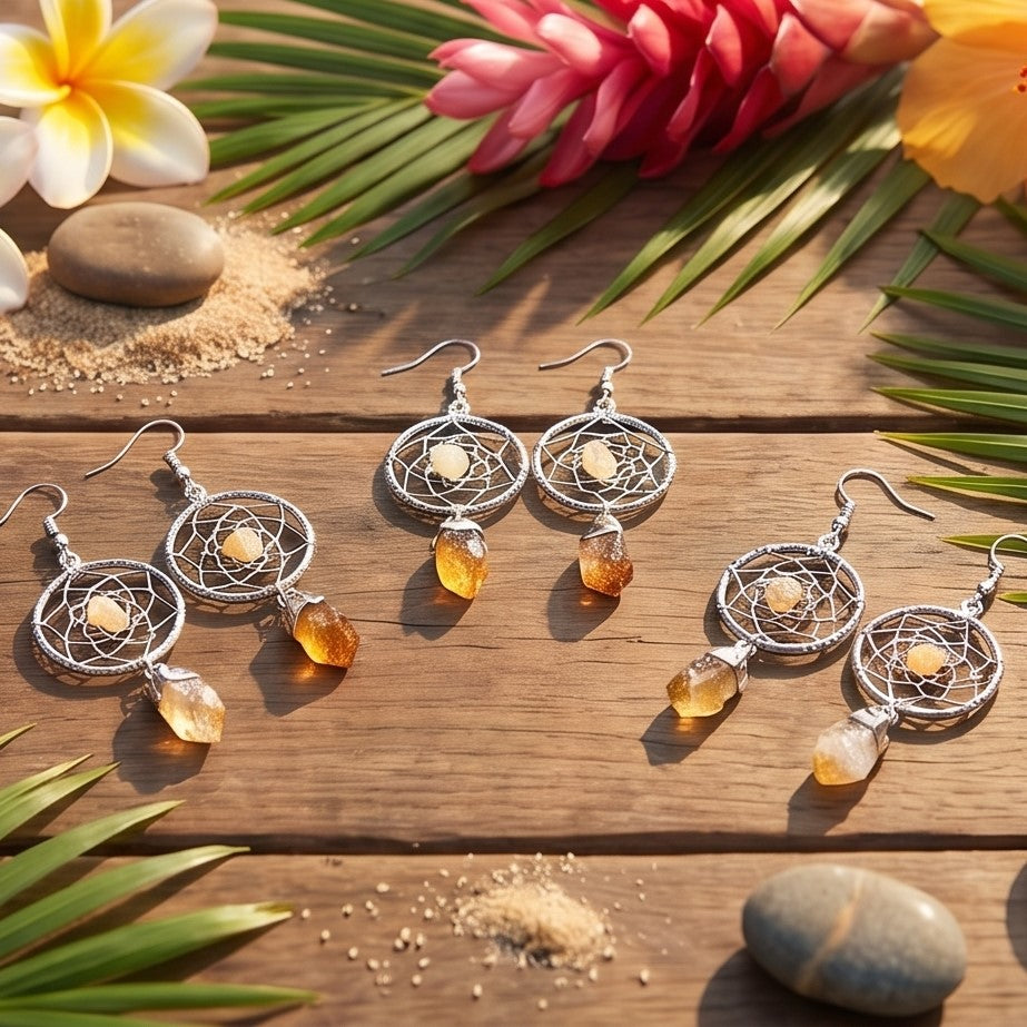 DreamCatcher Earrings Pair (Citrine Crystal)(Silver Plated)(Stainless Steel Hooks)