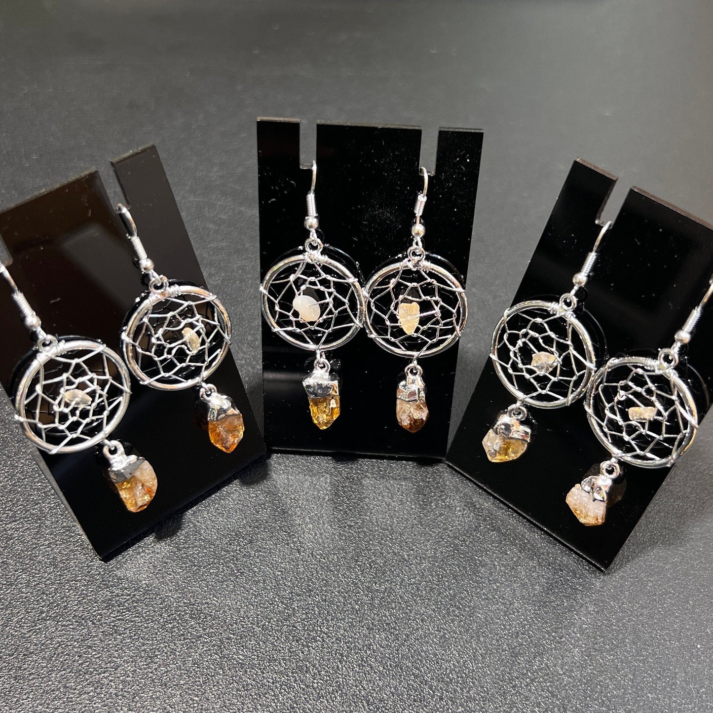 DreamCatcher Earrings Pair (Citrine Crystal)(Silver Plated)(Stainless Steel Hooks)
