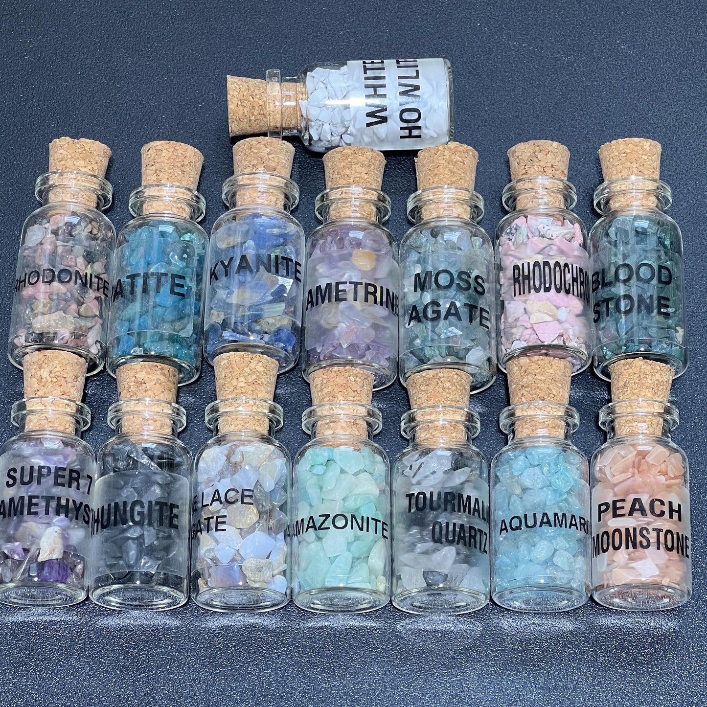 Gemstone Bottle Collection - 15-Piece Natural Rough Crystal Chips Gift Set Box Flat