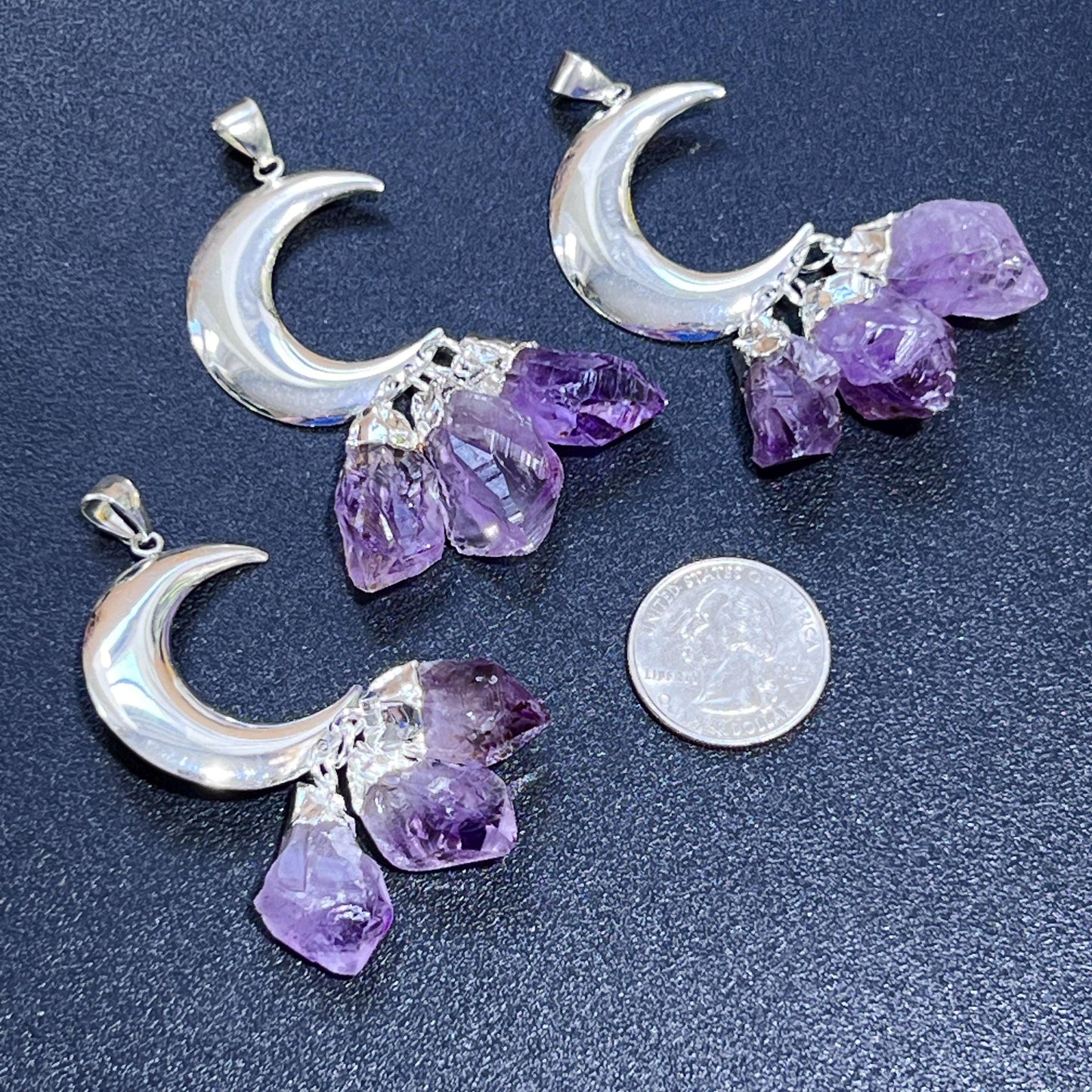 Amethyst Crystal Crescent Moon Pendant (Silver Plated)