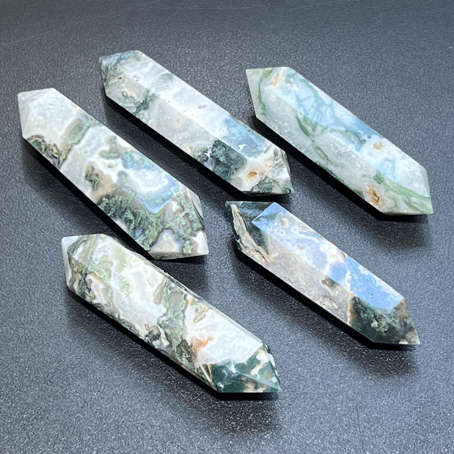 Large Moss Agate Double Point Crystal Carving